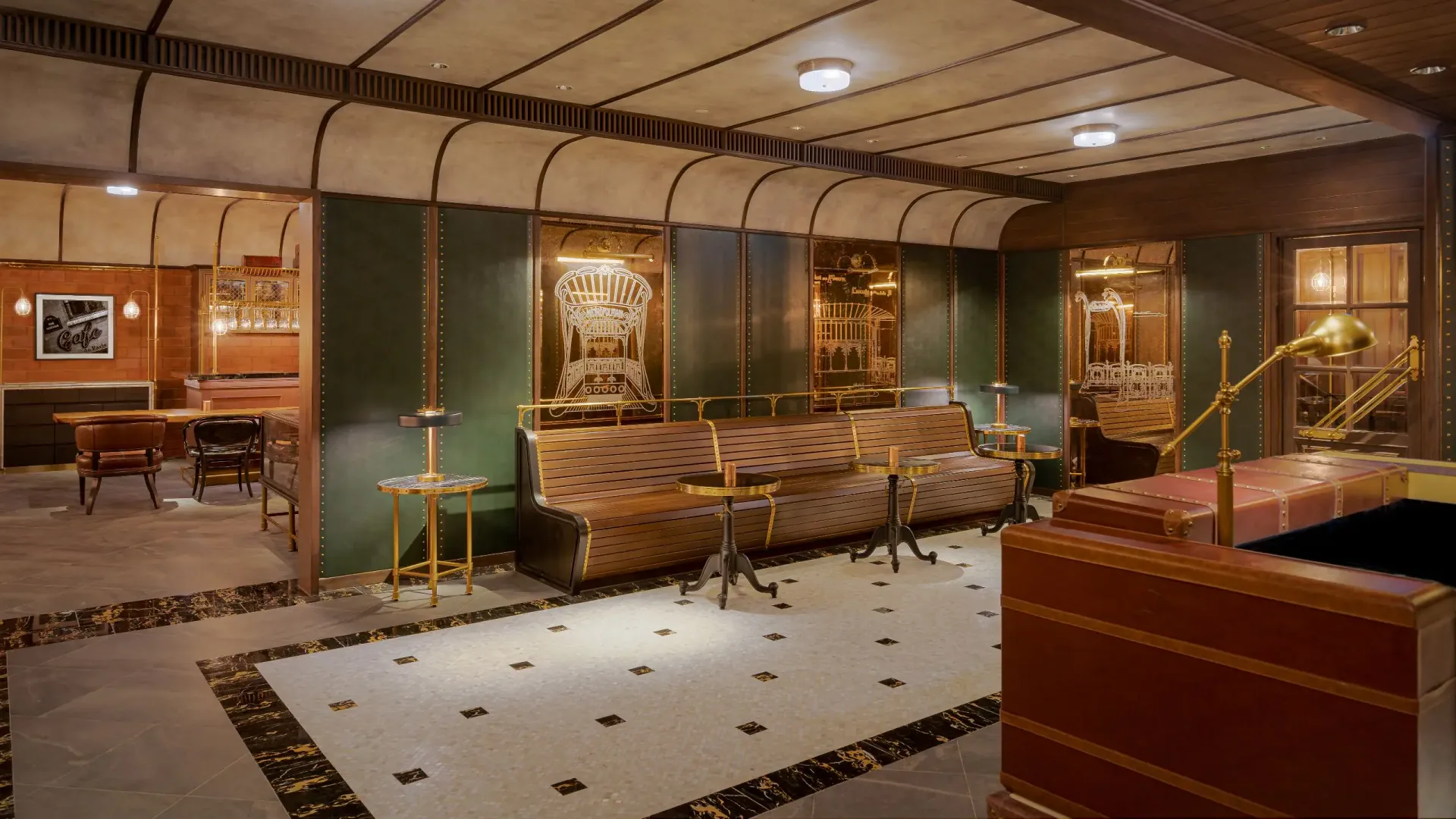 Metropole Underground — salle principale, banquette courbe et décor métro parisien