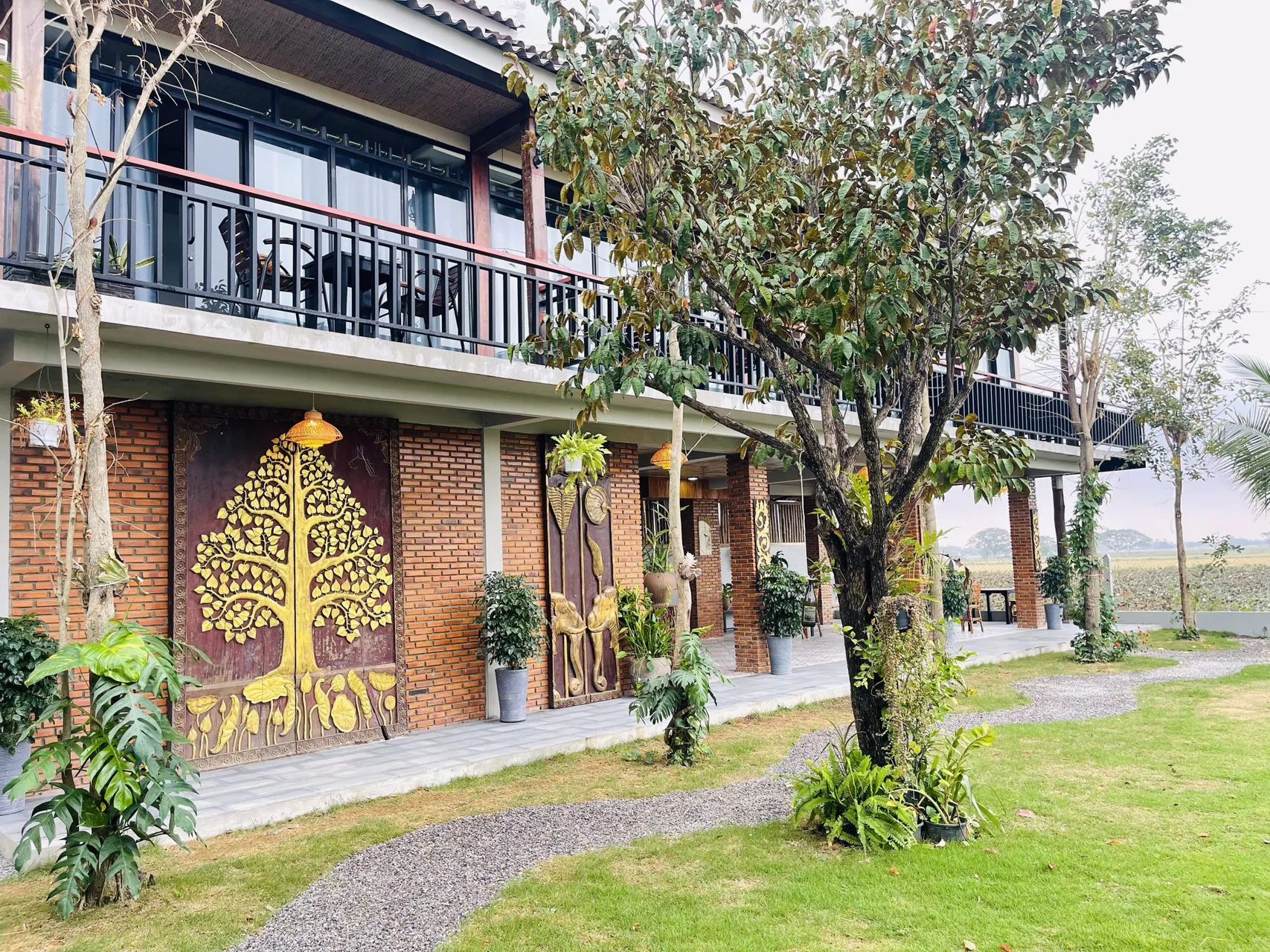 Façade du Sanctuary Homestay, face aux champs